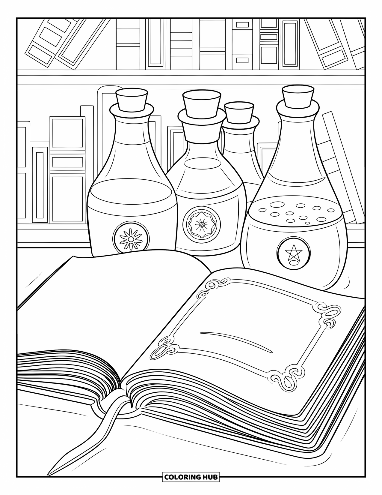 Desenho de Halloween para colorir para crianças: Um livro de feitiços com capa de couro repousa ao lado de frascos de poção no aconchegante escritório de um mago