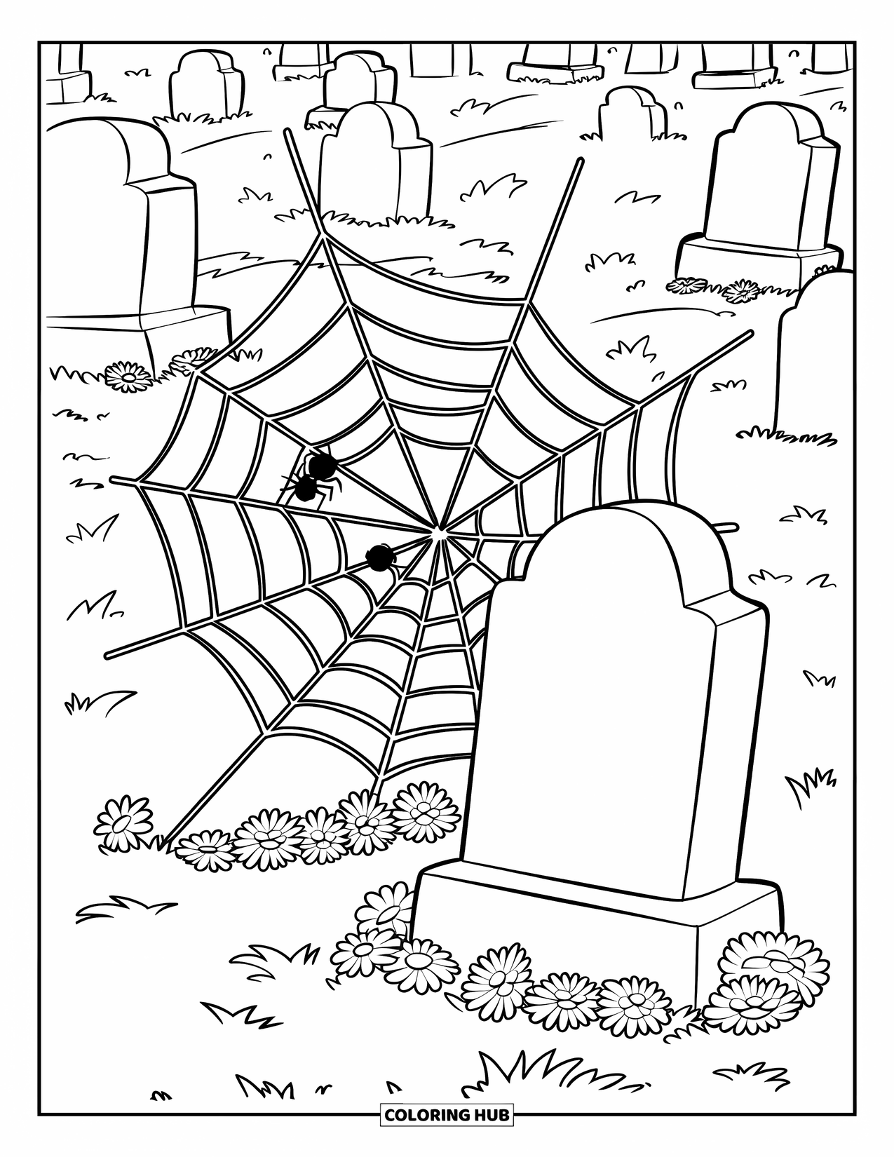 Desenho de Halloween para colorir para crianças: Uma teia de aranha se estende entre duas lápides desgastadas em um cemitério sinistro