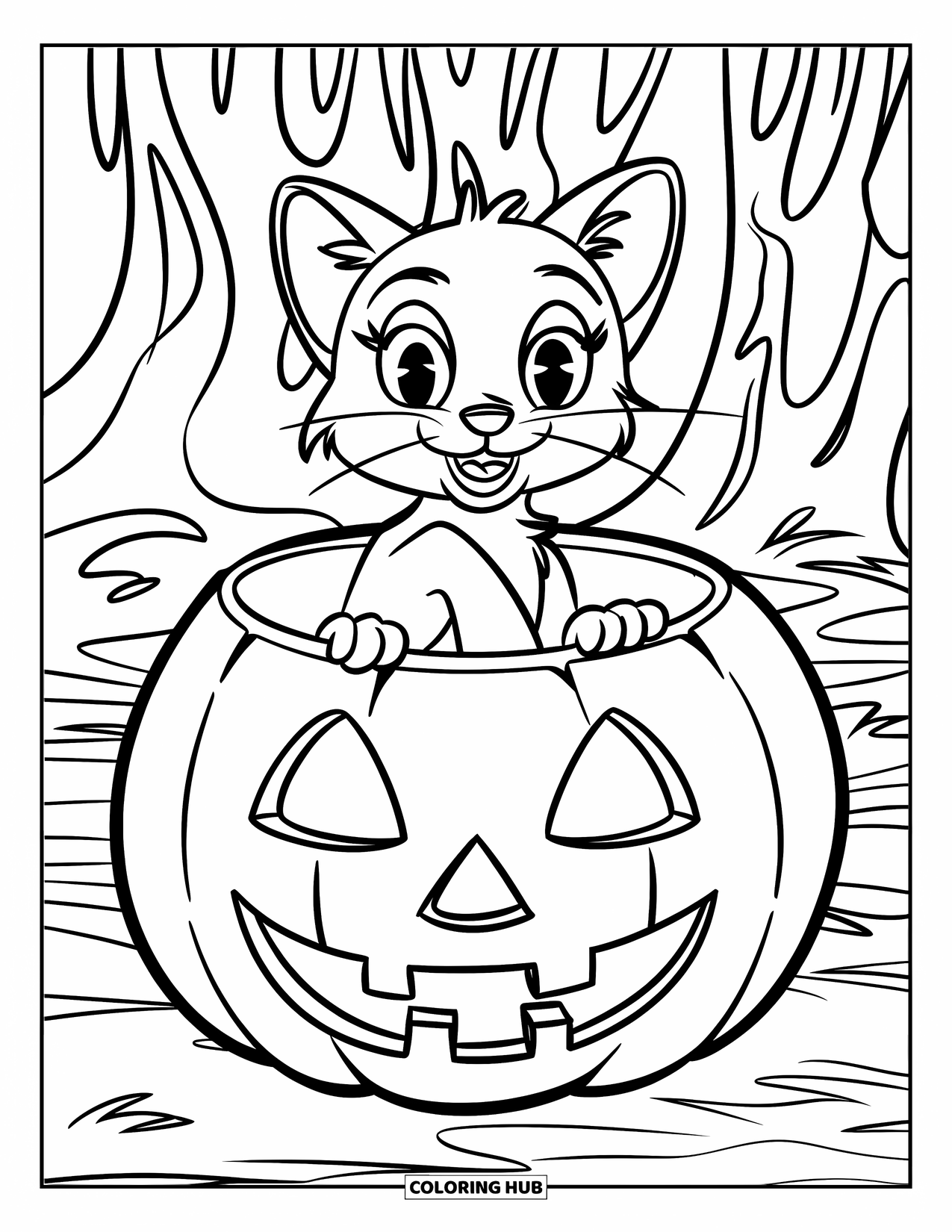 Desenho de Halloween para colorir para crianças: Um gato de suéter listrado descansa dentro de uma abóbora com um sorriso largo em uma floresta assustadora