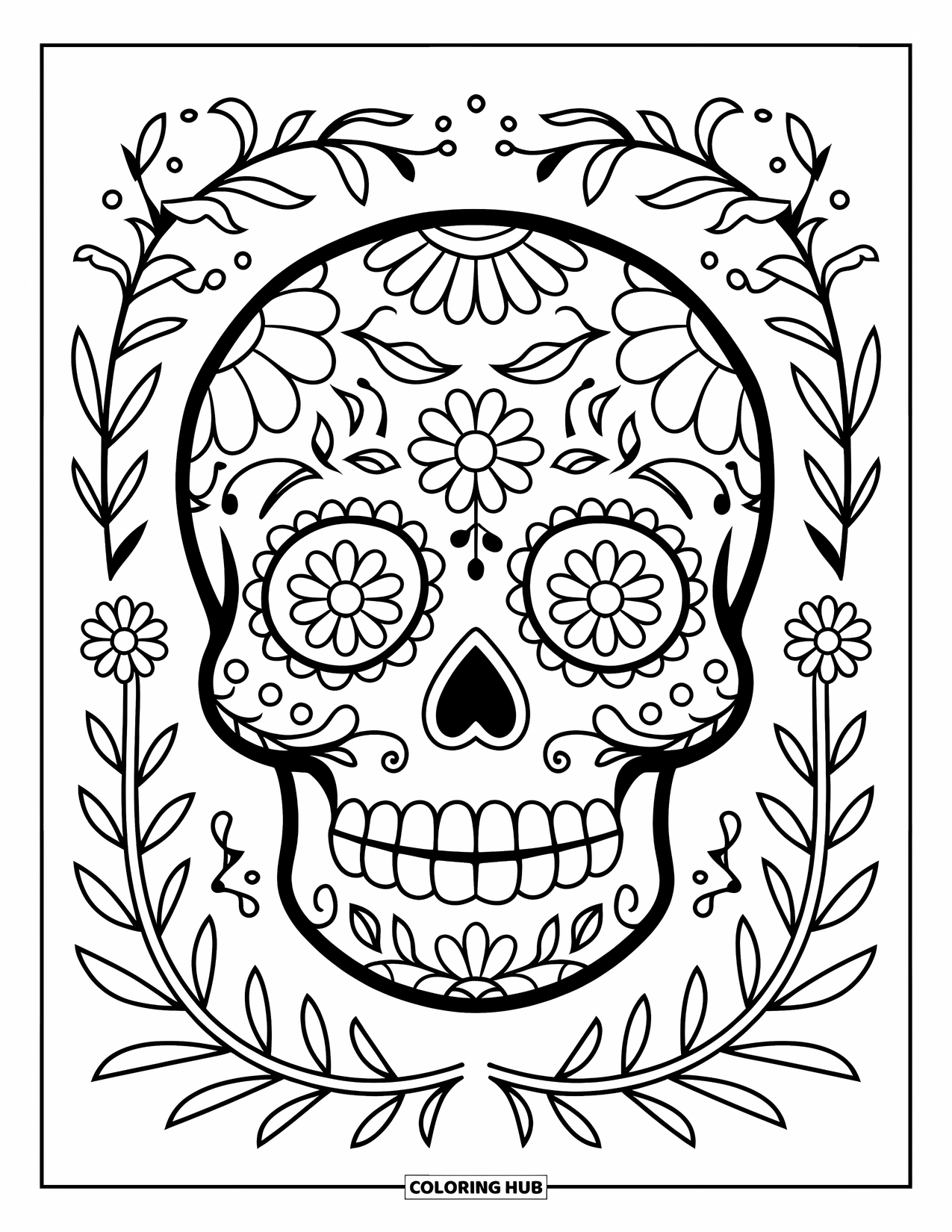 Desenho de Halloween para colorir para crianças: Uma caveira de açúcar com padrões florais é decorada com flores e folhas intrincadas