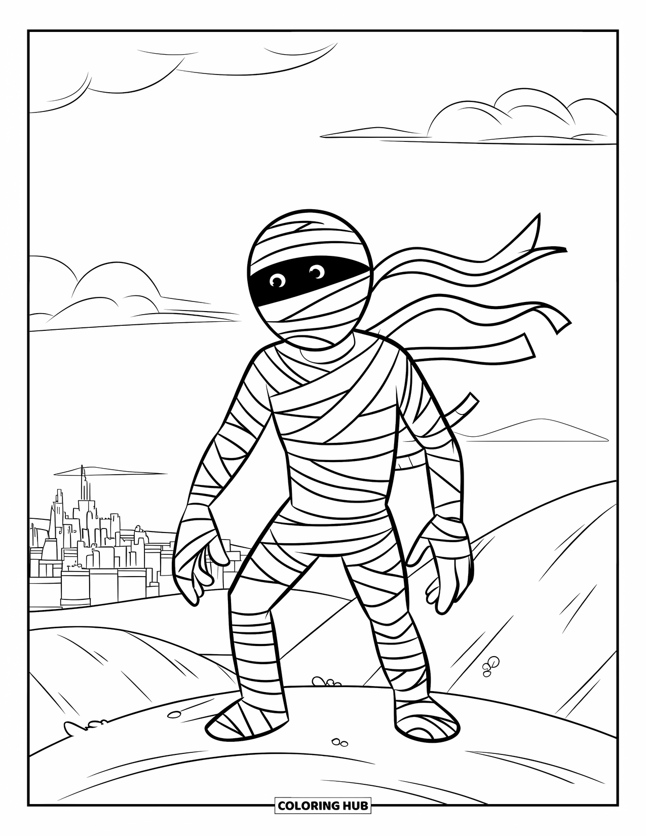 Desenho de Halloween para colorir para crianças: Uma múmia esfarrapada está em uma colina com uma cidade distante escondida na névoa