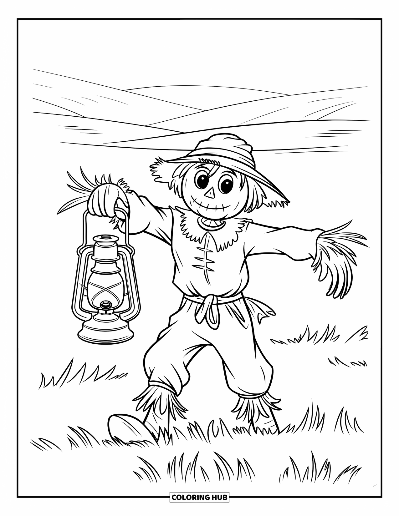 Desenho de Halloween para colorir para crianças: Um espantalho esfarrapado com um rosto de madeira segura uma lanterna em um campo enevoado