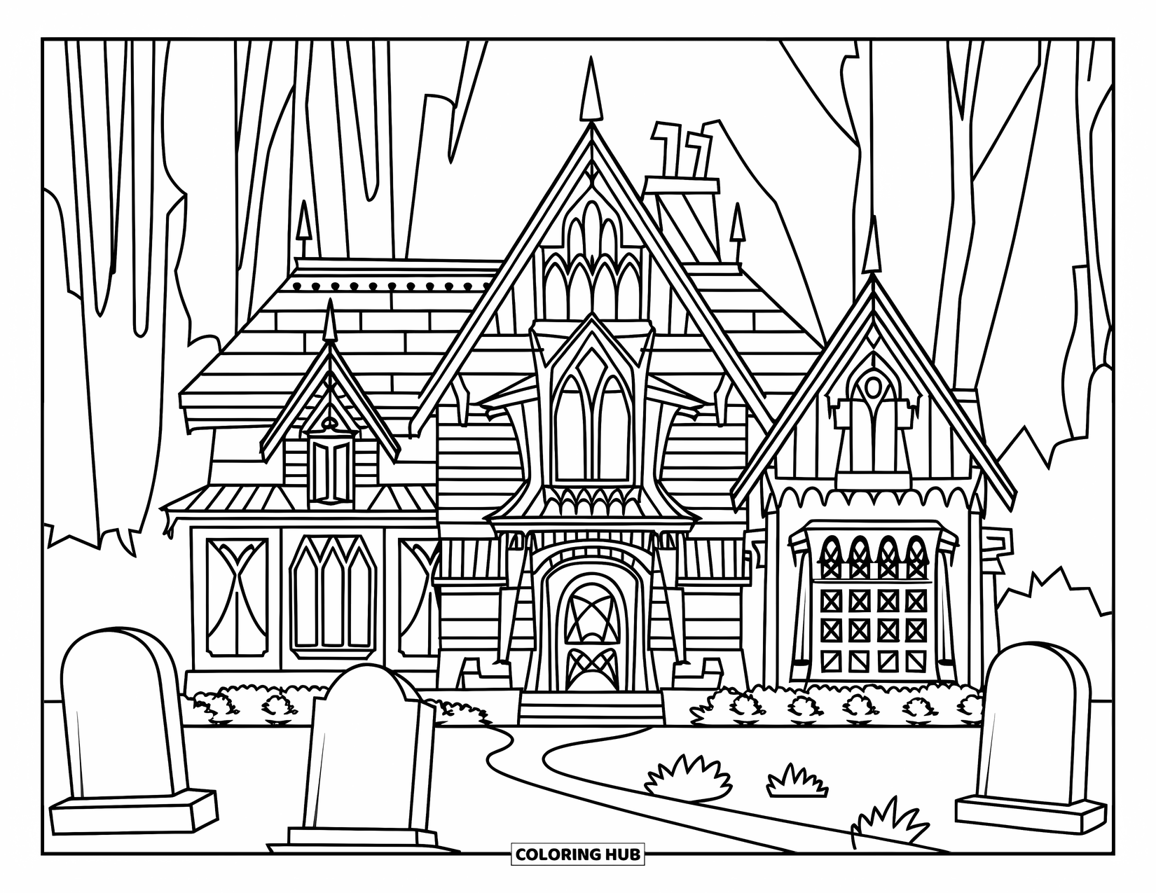 Desenho de Halloween para colorir para crianças: Uma imponente mansão assombrada com arcos pontudos e um cemitério fica entre árvores altas e sinistras