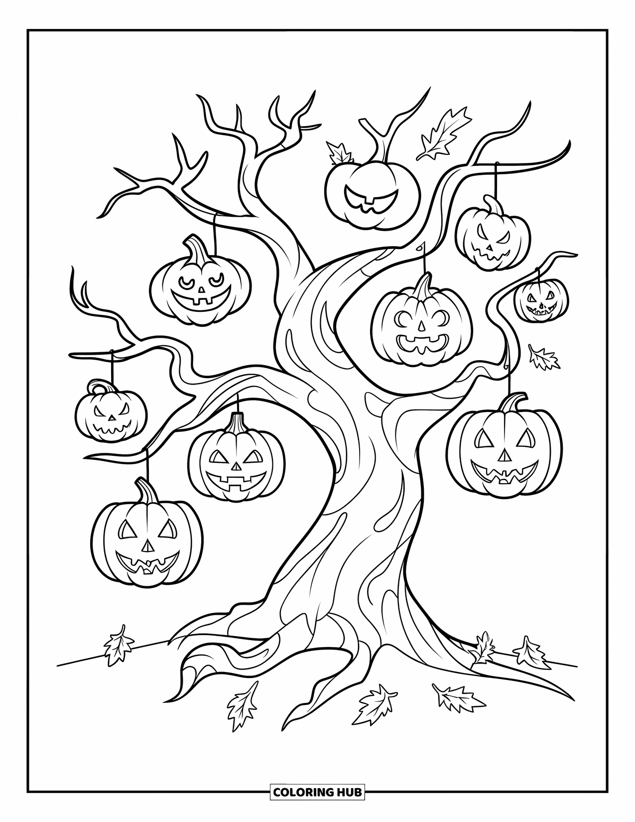 Desenho de Halloween para colorir para crianças: Uma árvore com um tronco retorcido fica alta, suas abóboras penduradas balançando ao vento