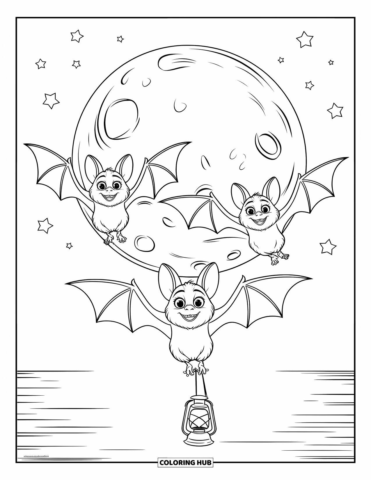 Desenho de Halloween para colorir para crianças: Um trio de morcegos voa pelo céu, com as asas bem abertas sob o luar