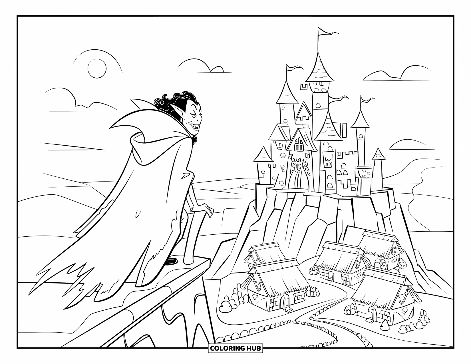 Desenho de Halloween para colorir para crianças: Um vampiro em uma capa esfarrapada fica em uma borda rochosa do castelo, com vista para uma vila tranquila