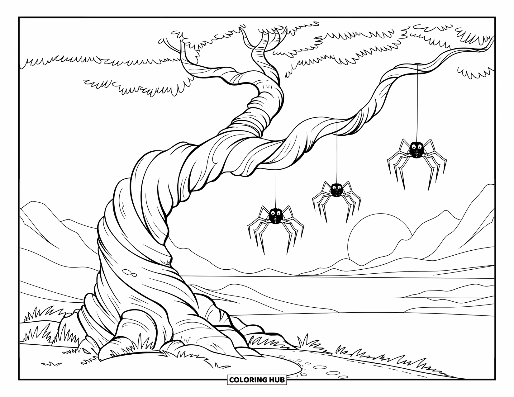 Desenho de Halloween para colorir para crianças: Uma árvore desgastada com casca texturizada e três aranhas penduradas cresce em uma paisagem rochosa
