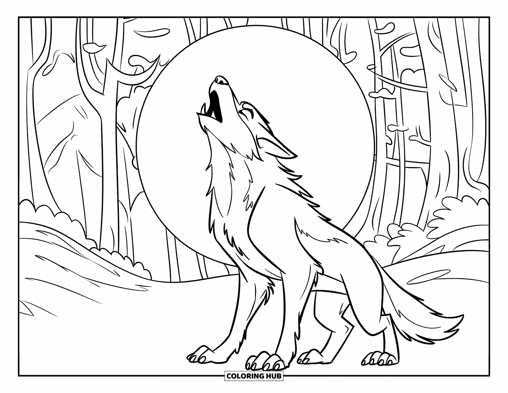 Desenho de Halloween para crianças: Um lobisomem uiva para a lua, em pé sobre uma colina rochosa