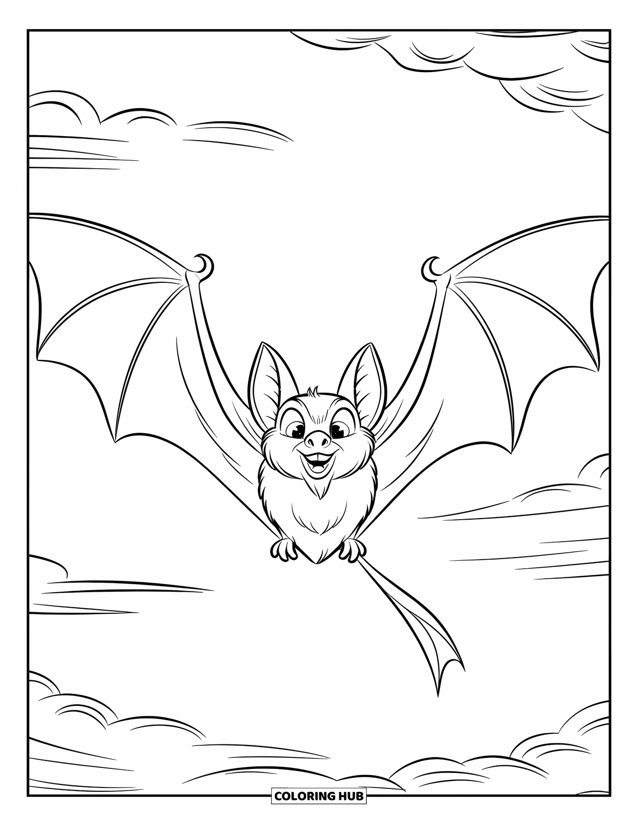 Desenho de Halloween para colorir para crianças: Um morcego de asas largas com uma cauda curva voa para frente sob um céu com nuvens dispersas