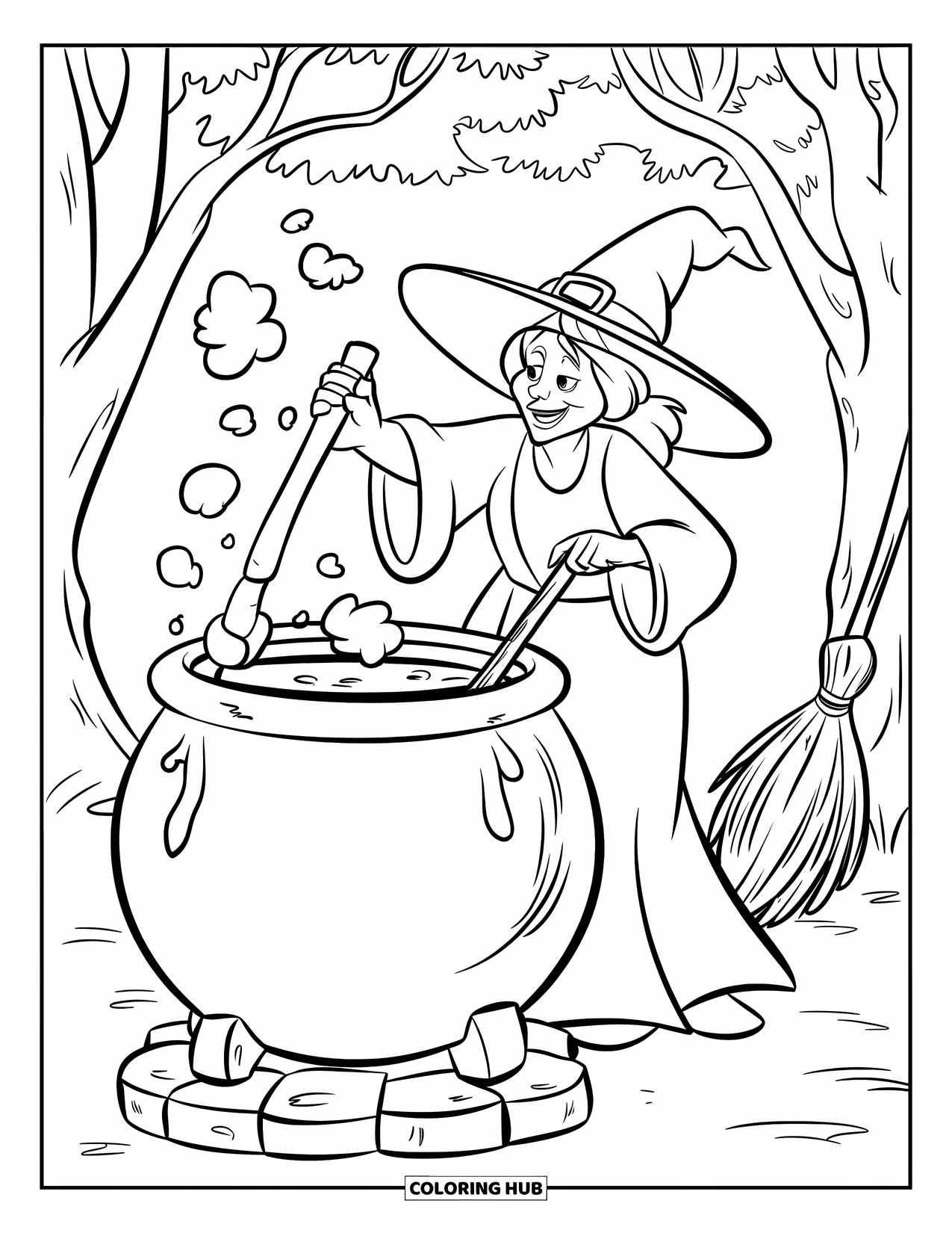 Desenho de Halloween para colorir para crianças: Uma bruxa com uma vassoura por perto mistura uma poção em seu caldeirão no fundo da floresta
