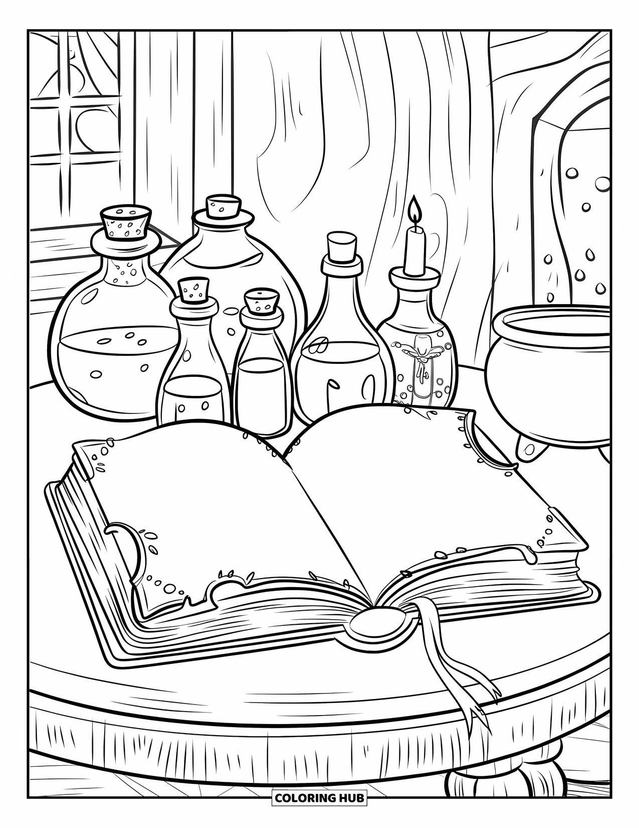 Desenho de Halloween para colorir para crianças: Um livro de feitiços antigo está aberto sobre uma mesa, com frascos de poções misteriosas por perto