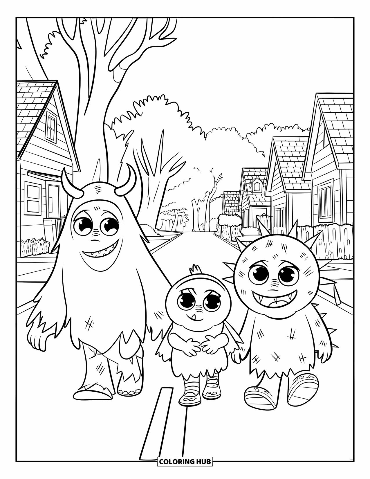 Desenho de Halloween para colorir para crianças: Entusiasmados foliões fantasiados desfilam por casas decoradas na noite de Halloween