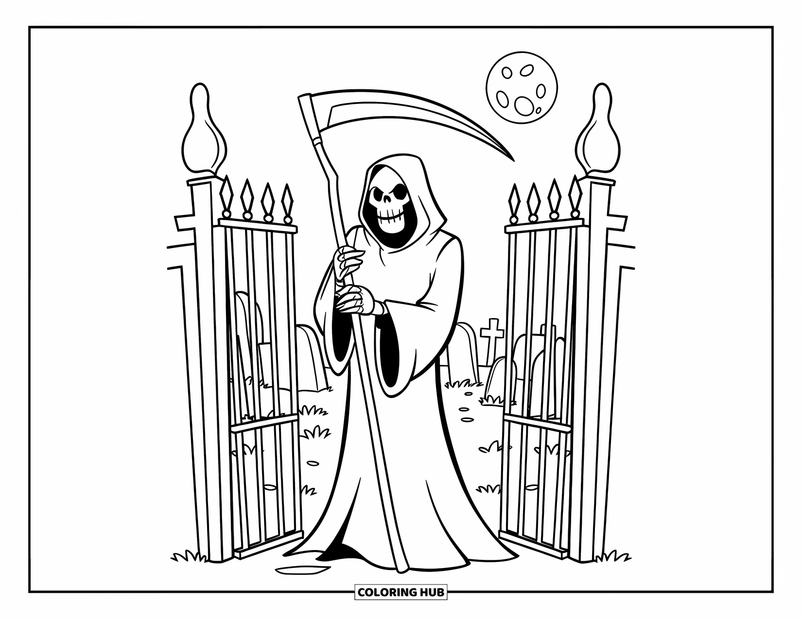 Desenho de Halloween para colorir para crianças: A Morte está nos portões de um cemitério sinistro, segurando uma foice afiada
