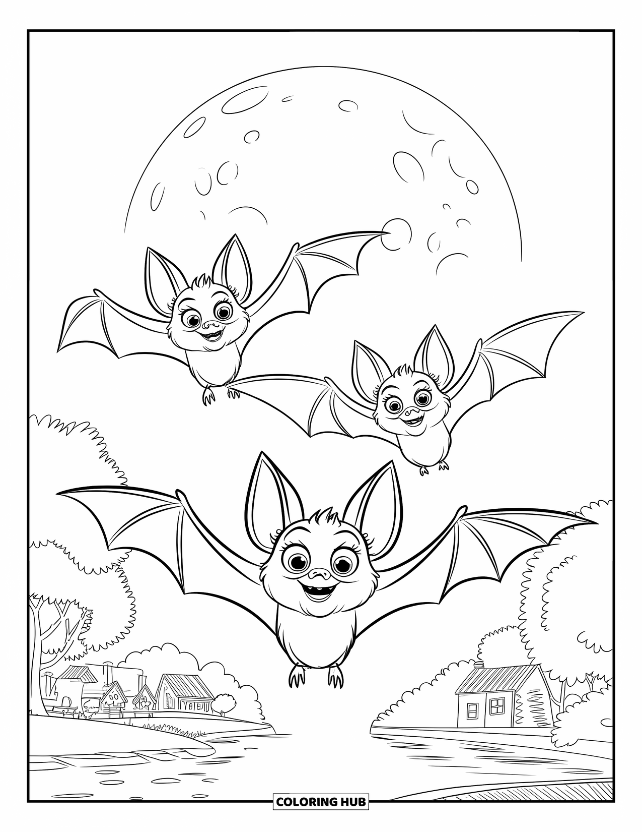 Desenho de Halloween para crianças: Três morcegos esvoaçantes circulam a lua cheia brilhante no ar da noite calma
