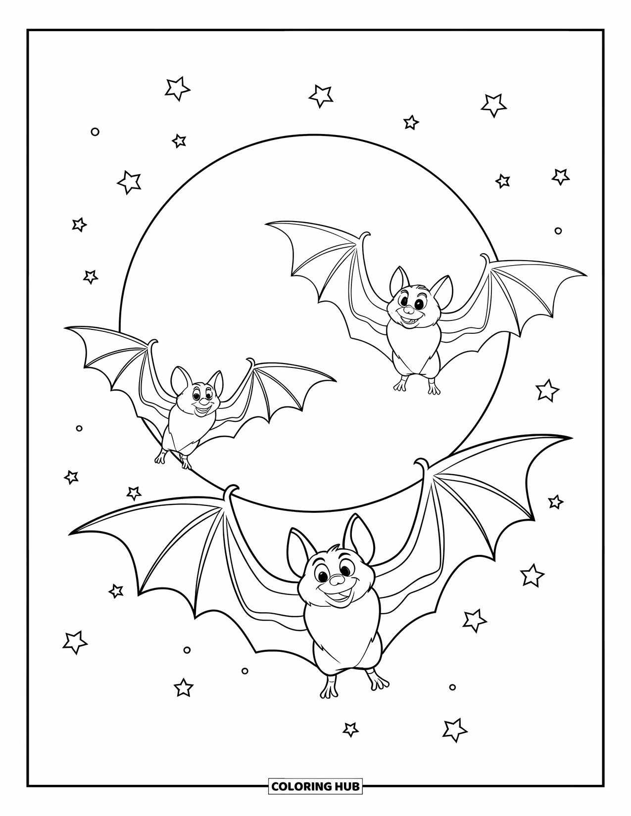 Desenho de Halloween para colorir para crianças: Três pequenos morcegos voam em direção a uma lua cheia brilhante no céu noturno estrelado
