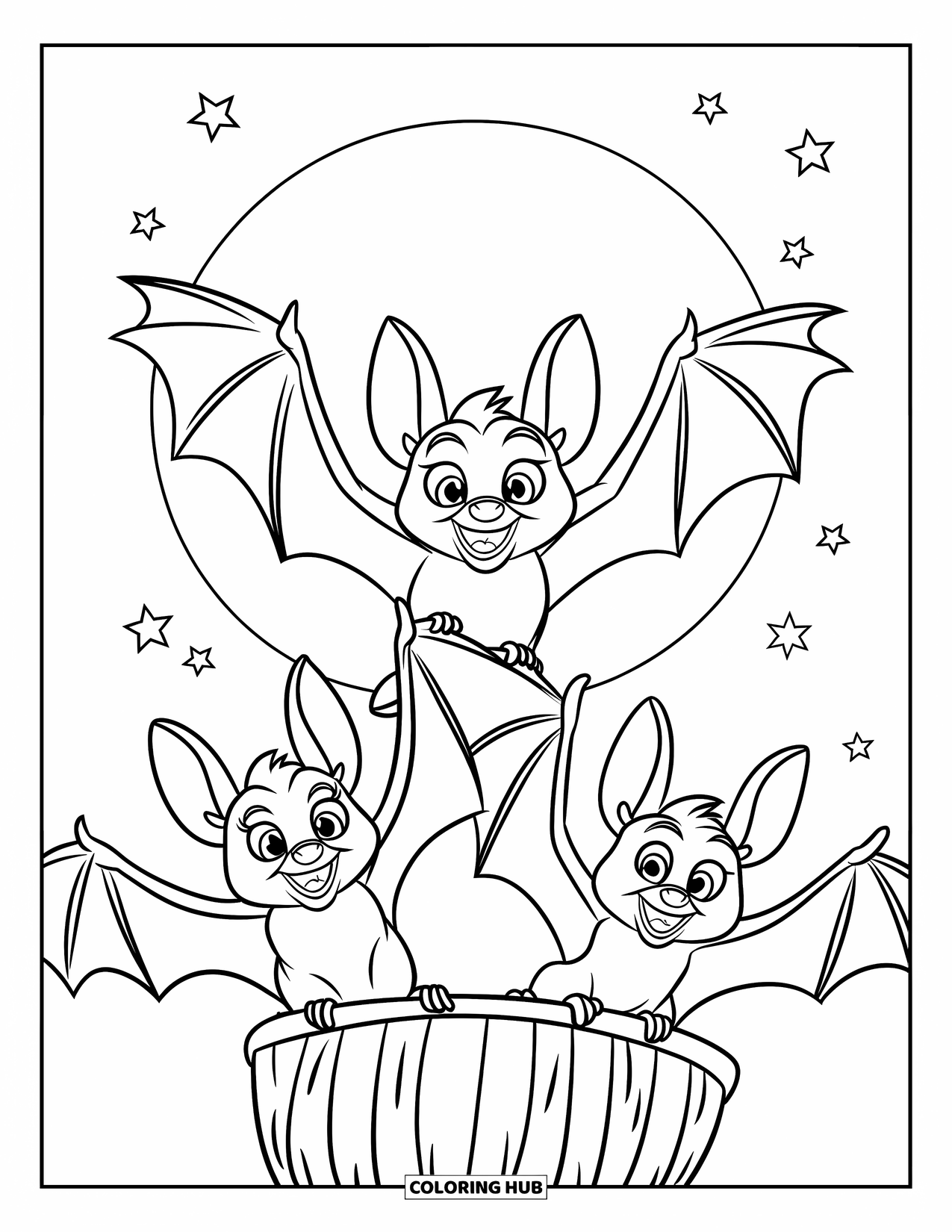 Desenho de Halloween para colorir para crianças: Três pequenos morcegos com olhos arregalados voam em direção à lua enquanto carregam uma pequena cesta
