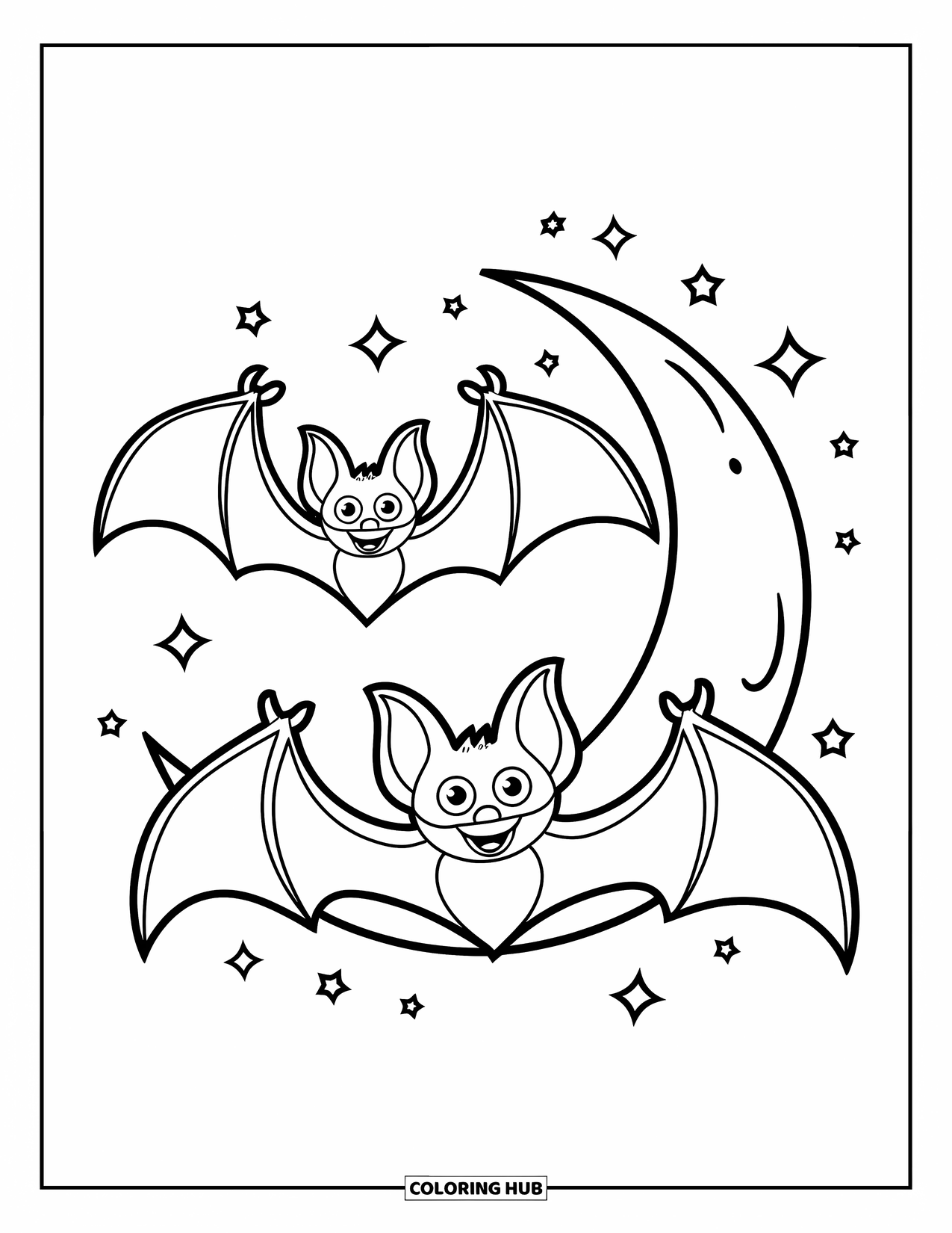 Desenho de Halloween para colorir para crianças: Dois morcegos voam ao redor de uma lua crescente, suas asas abertas contra o céu noturno estrelado