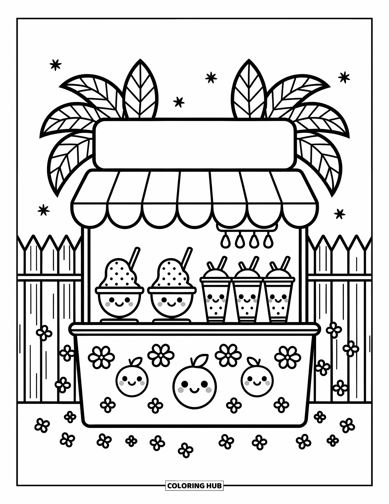 Hawaiian Coloring Page for Adults: A cheerful food stand with fruits and palm leaves