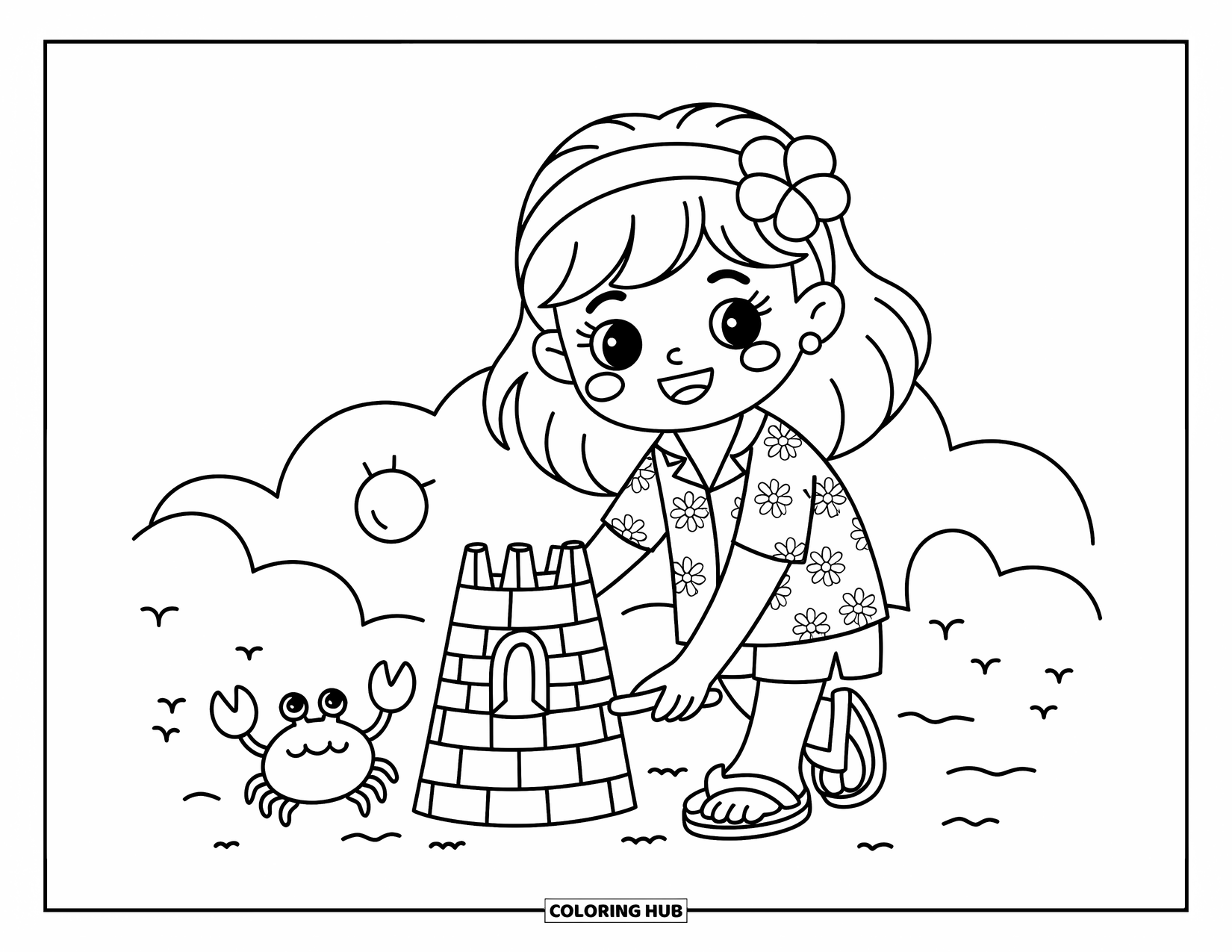 Hawaiian Coloring Page for Adults: A cheerful girl building a sandcastle with a tiny crab nearby