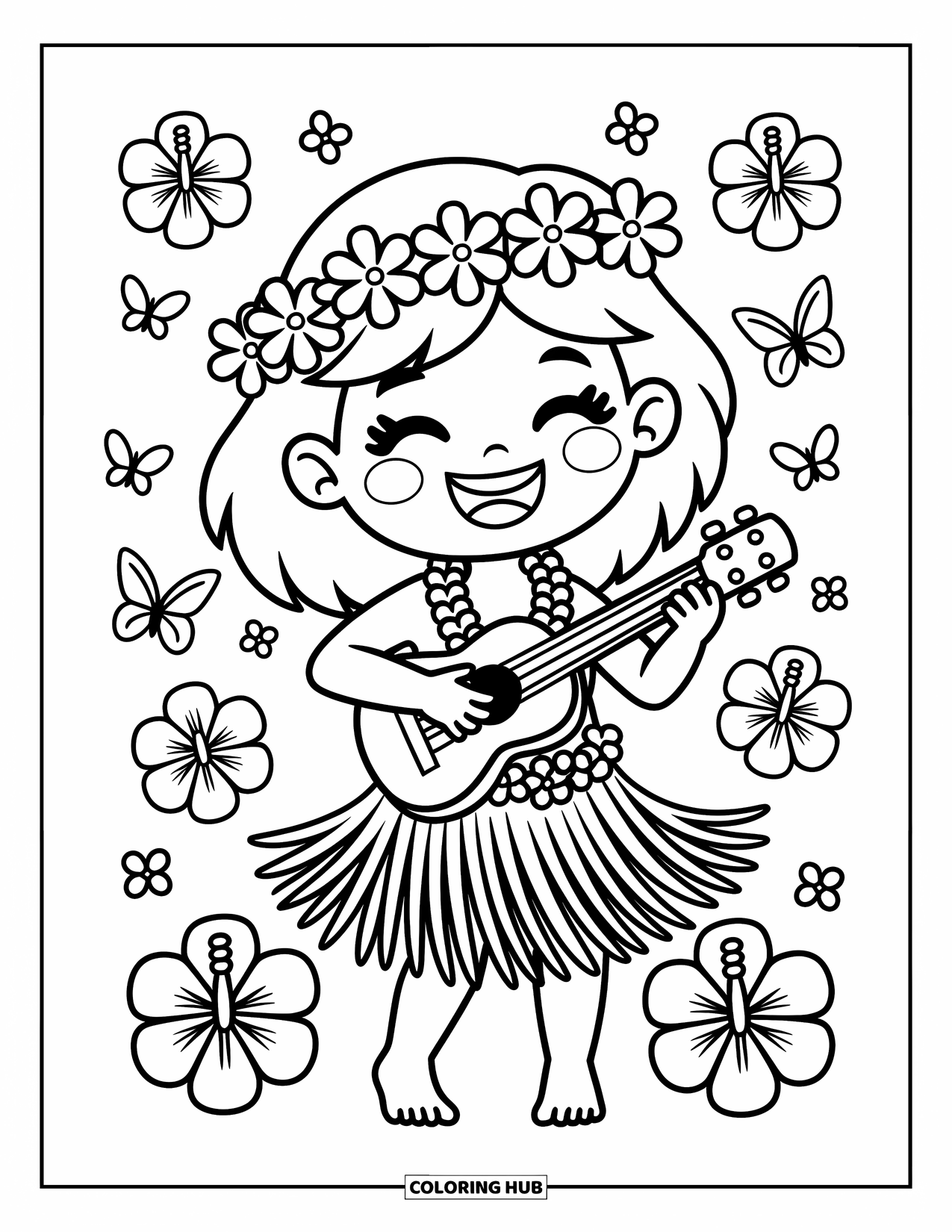 Hawaiian Coloring Page for Adults: A cheerful girl with a ukulele, flower crown, and hibiscus flowers