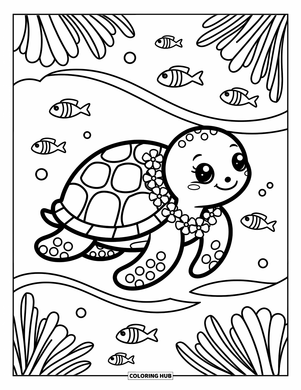 Hawaiian Coloring Page for Adults: A cute sea turtle wearing a flower lei in the ocean