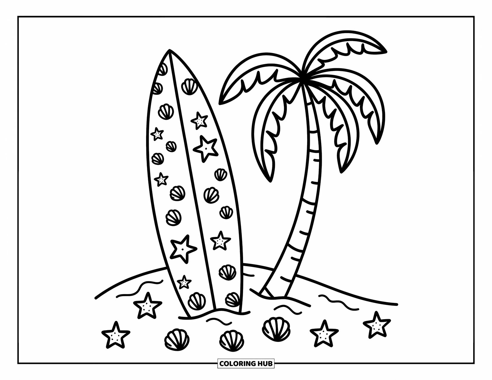 Hawaiian Coloring Page for Adults: A cute surfboard with Hawaiian patterns and seashells nearby