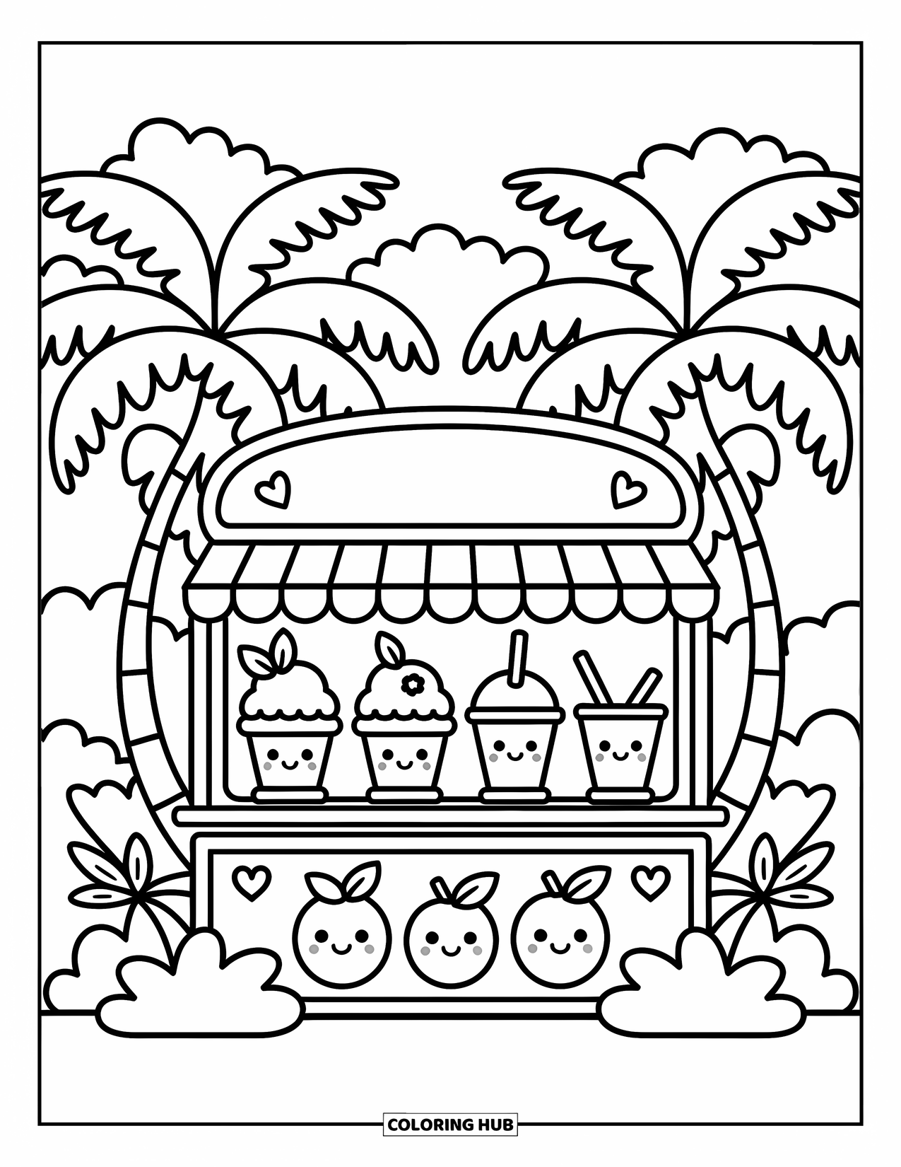 Hawaiian Coloring Page for Adults: A food stand with shaved ice and smiling fruit characters