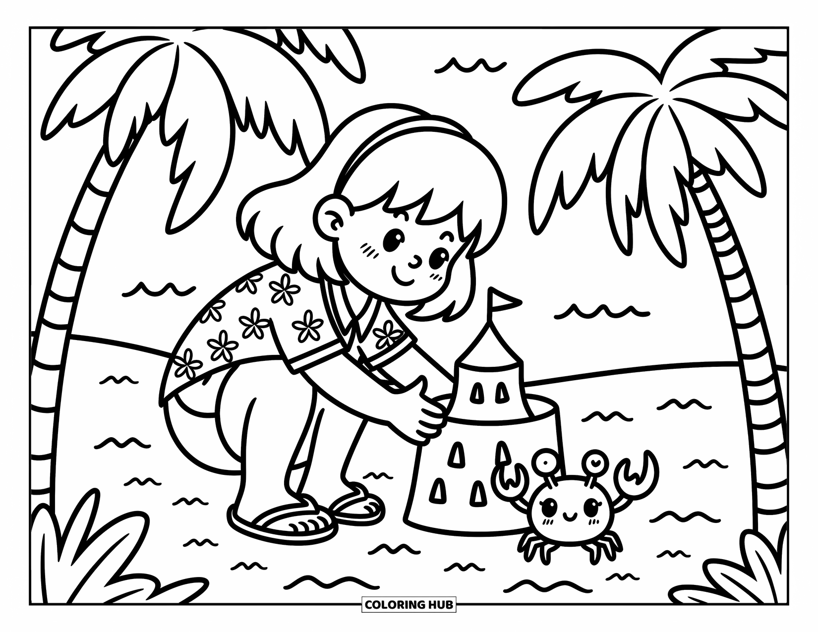 Hawaiian Coloring Page for Adults: A girl building a sandcastle while a crab holds a shell