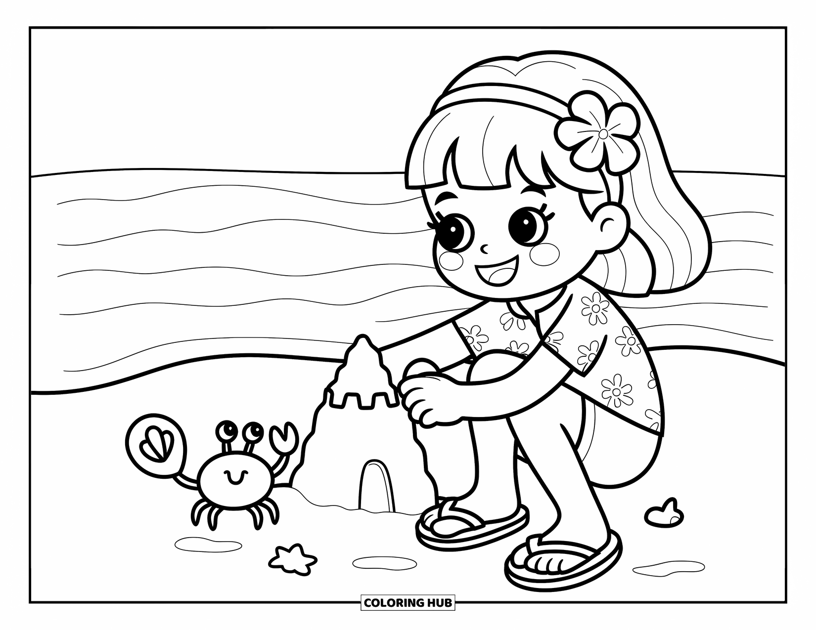 Hawaiian Coloring Page for Adults: A girl in a Hawaiian shirt building a sandcastle with a crab