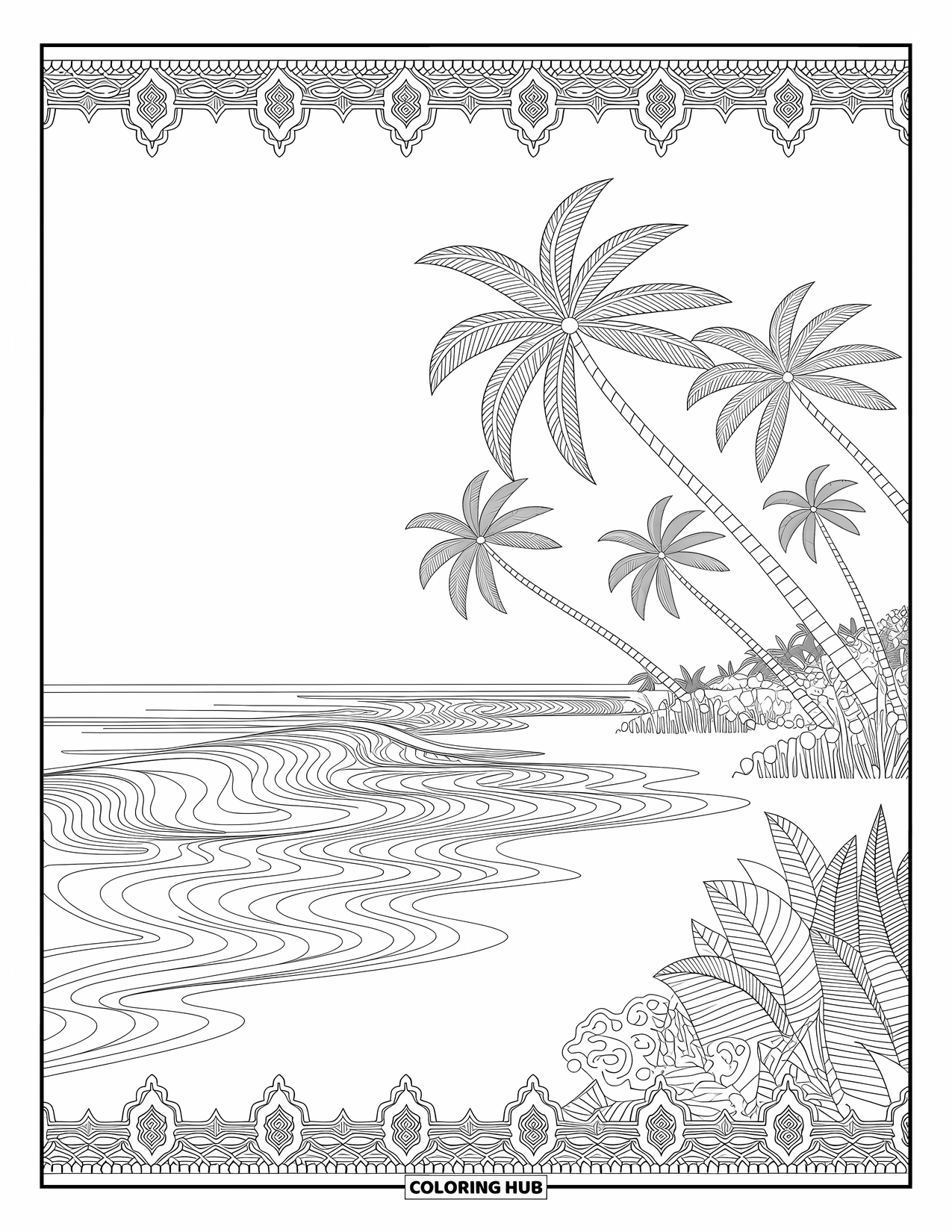 Hawaiian Coloring Page for Adults: A Hawaiian beach with palm trees and detailed waves