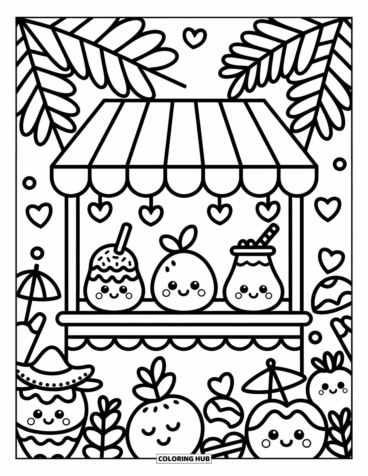 Hawaiian Coloring Page for Adults: A Hawaiian food stand with fruit characters and shaved ice