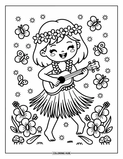 Hawaiisk fargeleggingsark for voksne: En hawaiisk jente som spiller ukulele omgitt av blomster og sommerfugler