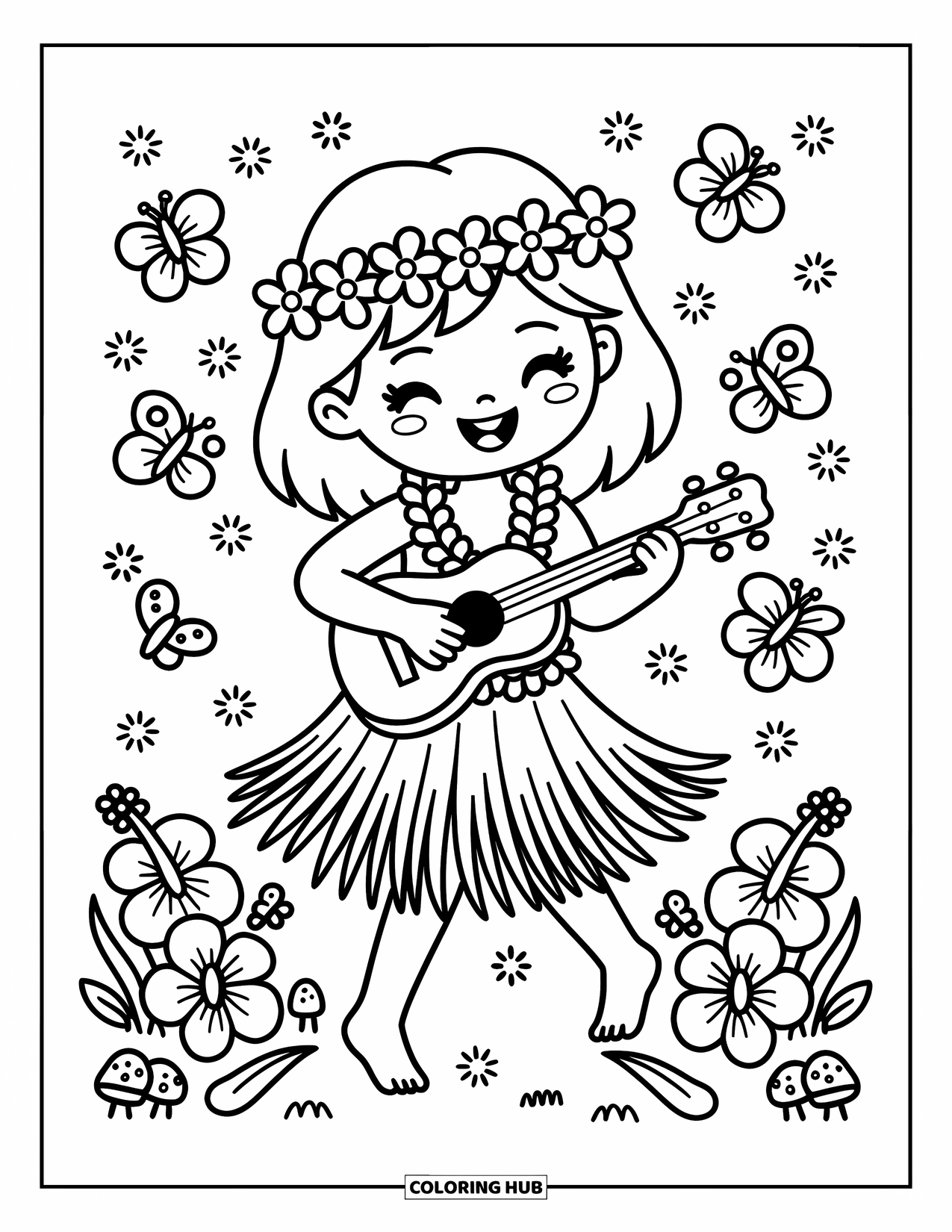 Hawaiian Coloring Page for Adults: A Hawaiian girl playing a ukulele surrounded by flowers and butterflies