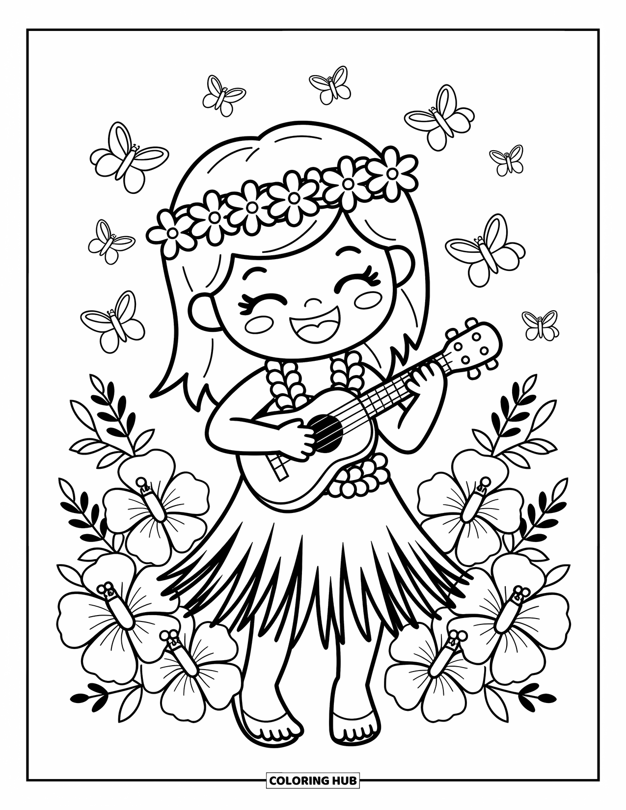 Hawaiian Coloring Page for Adults: A Hawaiian girl with a flower crown playing a ukulele