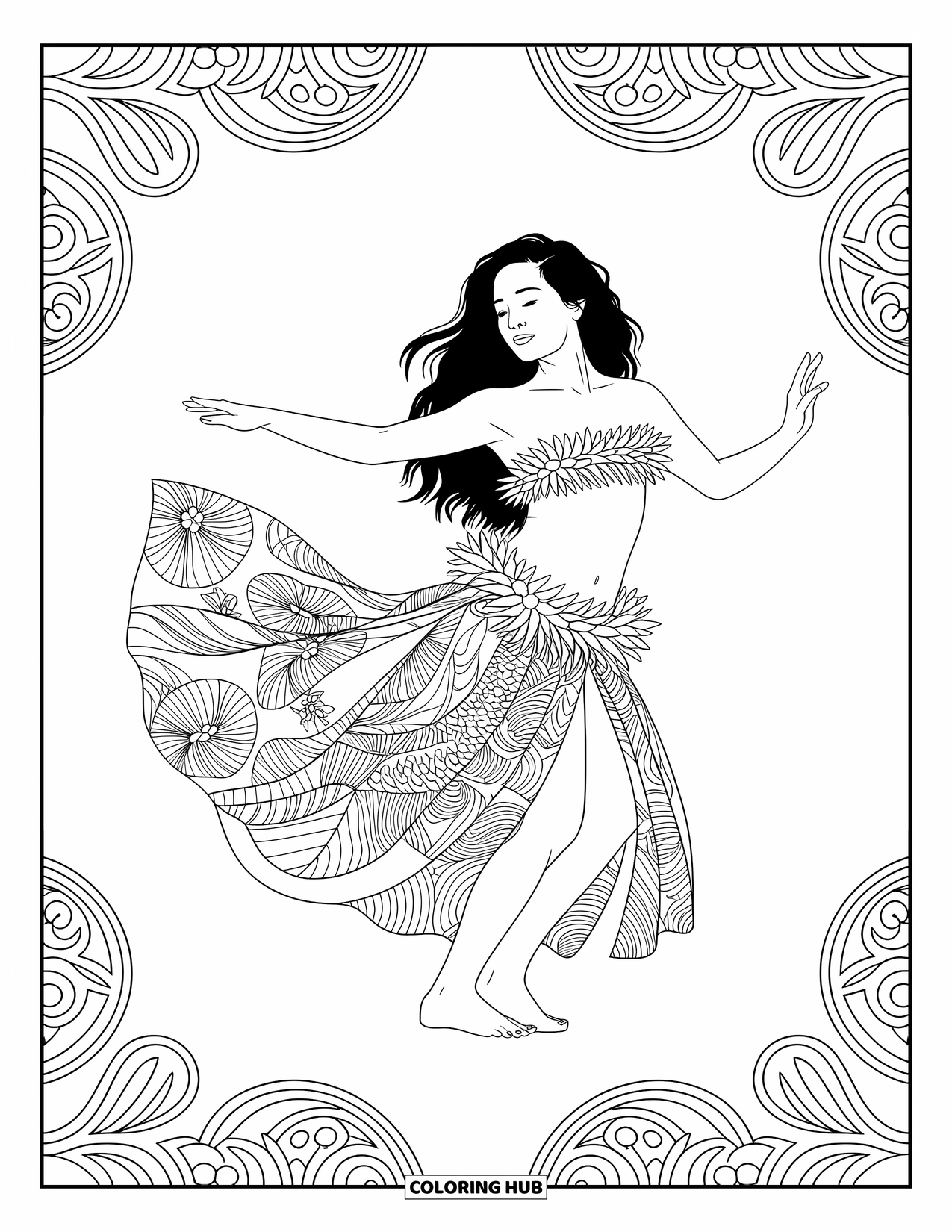 Hawaiian Coloring Page for Adults: A hula dancer mid-movement with intricate floral patterns
