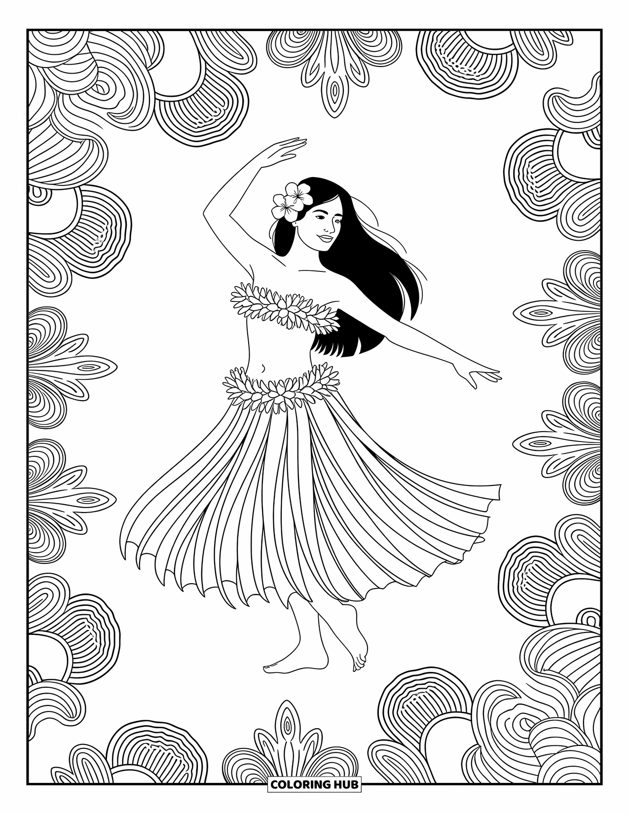 Hawaiian Coloring Page for Adults: A hula dancer mid-twirl with complex floral designs