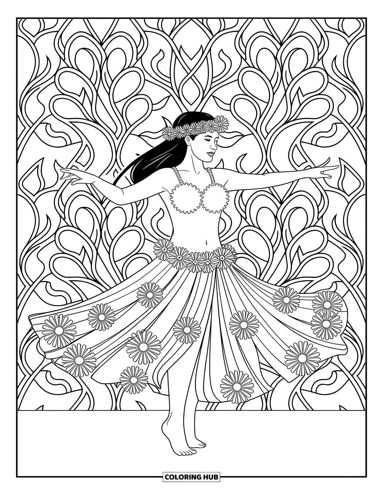 Hawaiian Coloring Page for Adults: A hula dancer twirling with detailed floral patterns