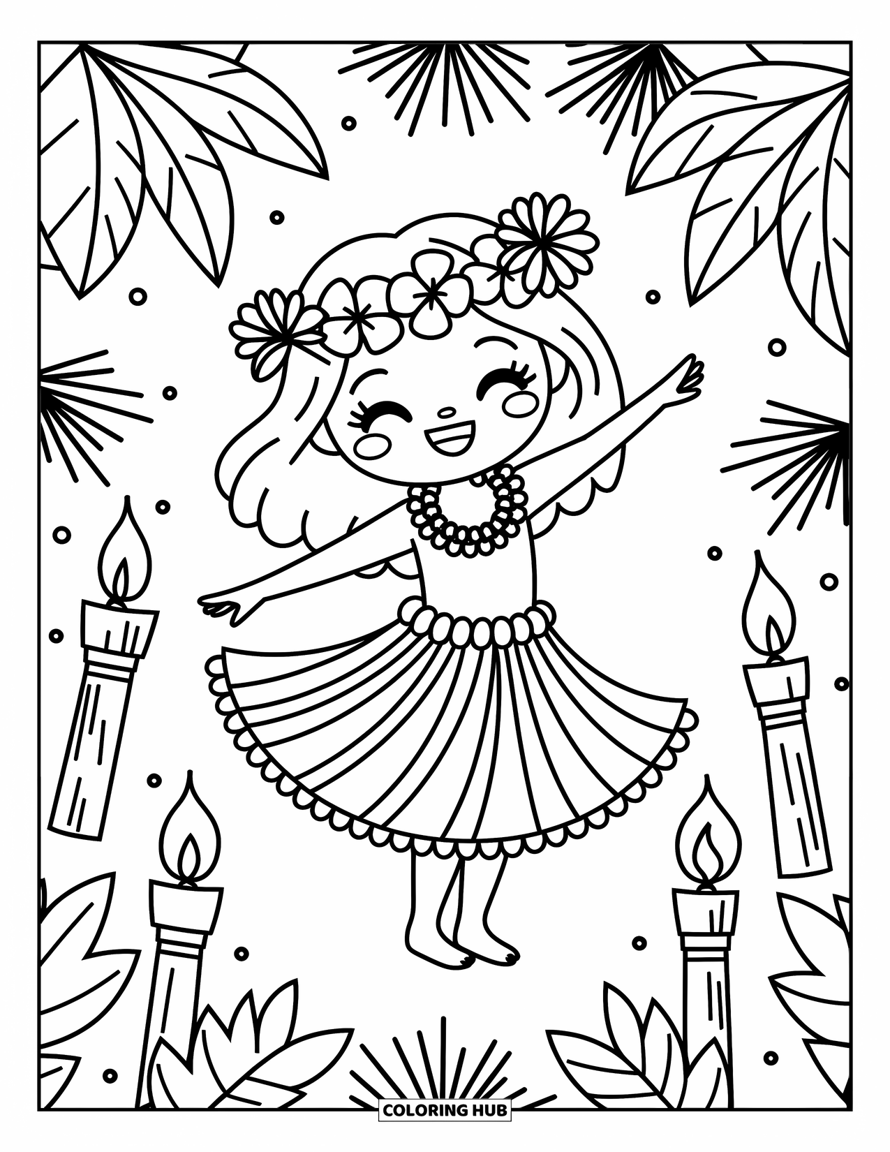 Hawaiian Coloring Page for Adults: A hula dancer twirling with flowers and tiki torches