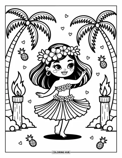 Hawaiisk fargeleggingsark for voksne: En hula-danser med blomsterhodemykke og tiki-fakler