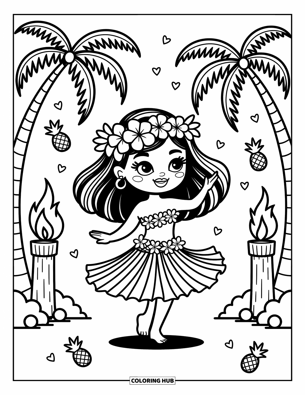 Hawaiian Coloring Page for Adults: A hula dancer with a floral headpiece and tiki torches