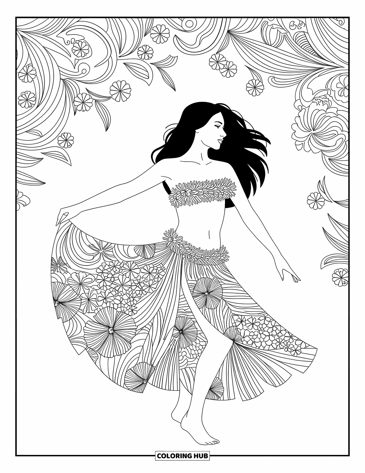 Hawaiian Coloring Page for Adults: A hula dancer with a floral skirt and detailed patterns