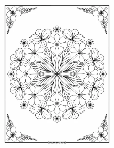 Hawaiisk fargeleggingsark for voksne: Et mandala utsmykket med hibiskus- og plumeriaблomster