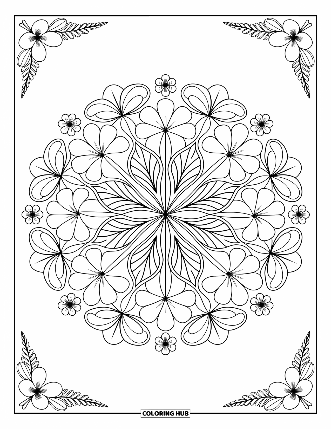 Hawaiian Coloring Page for Adults: A mandala adorned with hibiscus and plumeria flowers