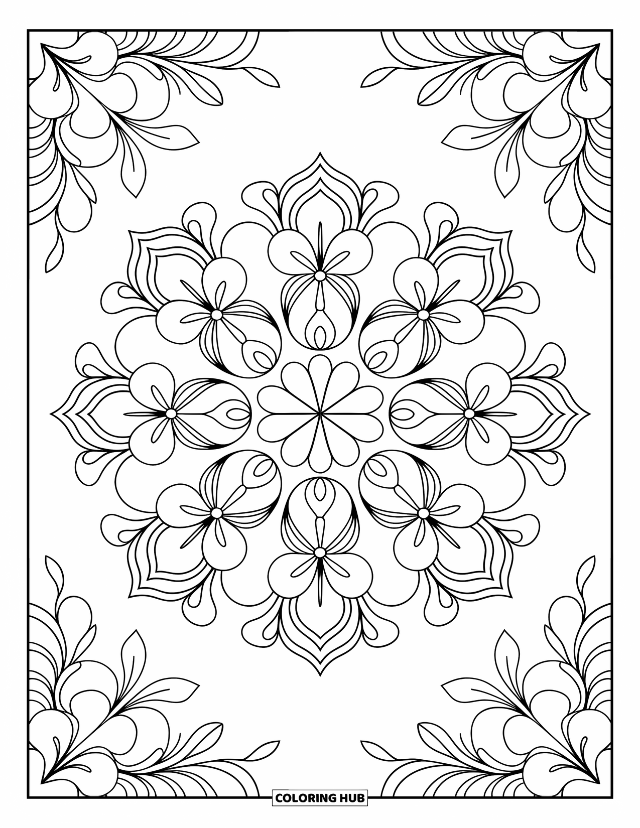 Hawaiian Coloring Page for Adults: A mandala featuring hibiscus and plumeria with delicate patterns
