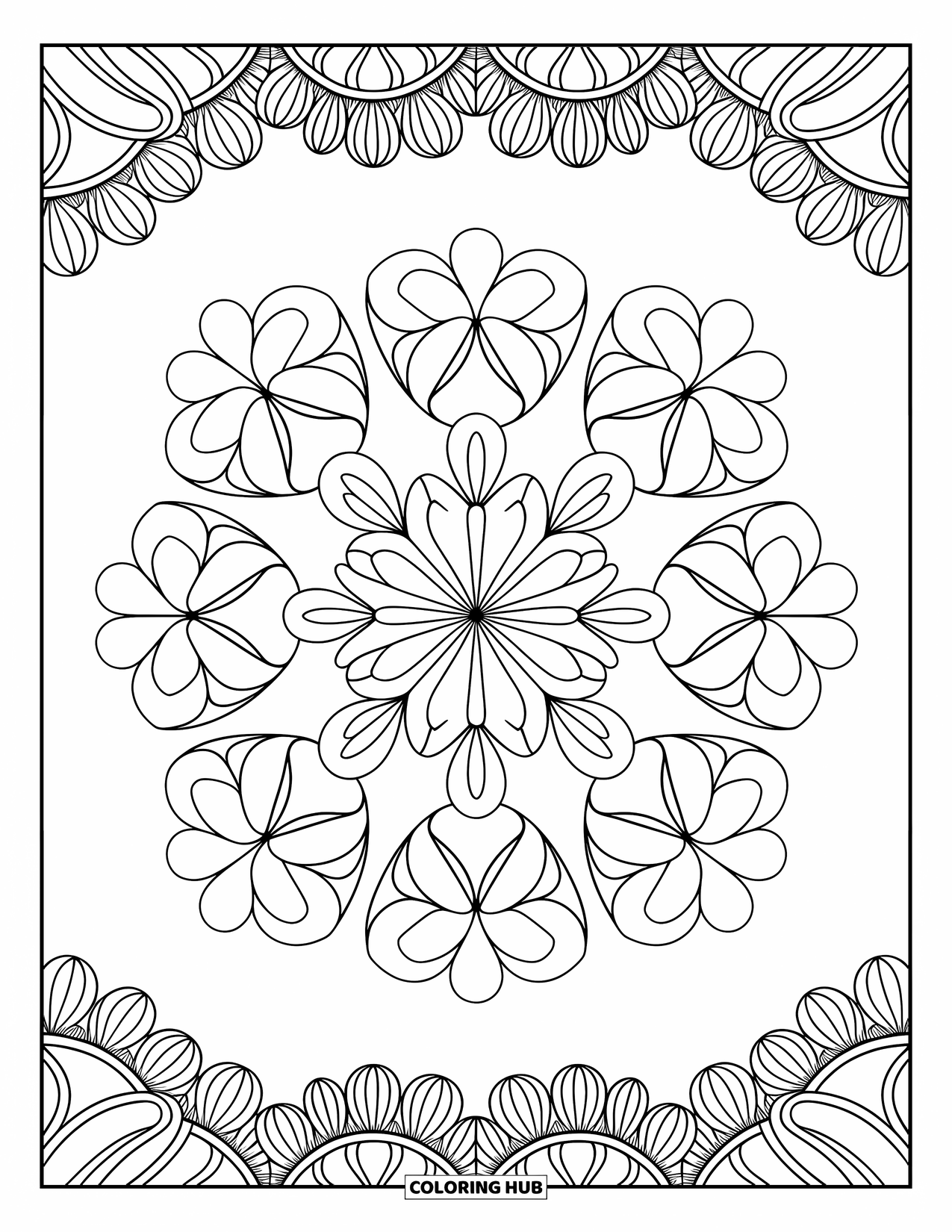Hawaiian Coloring Page for Adults: A mandala with Hawaiian flowers like hibiscus and plumeria