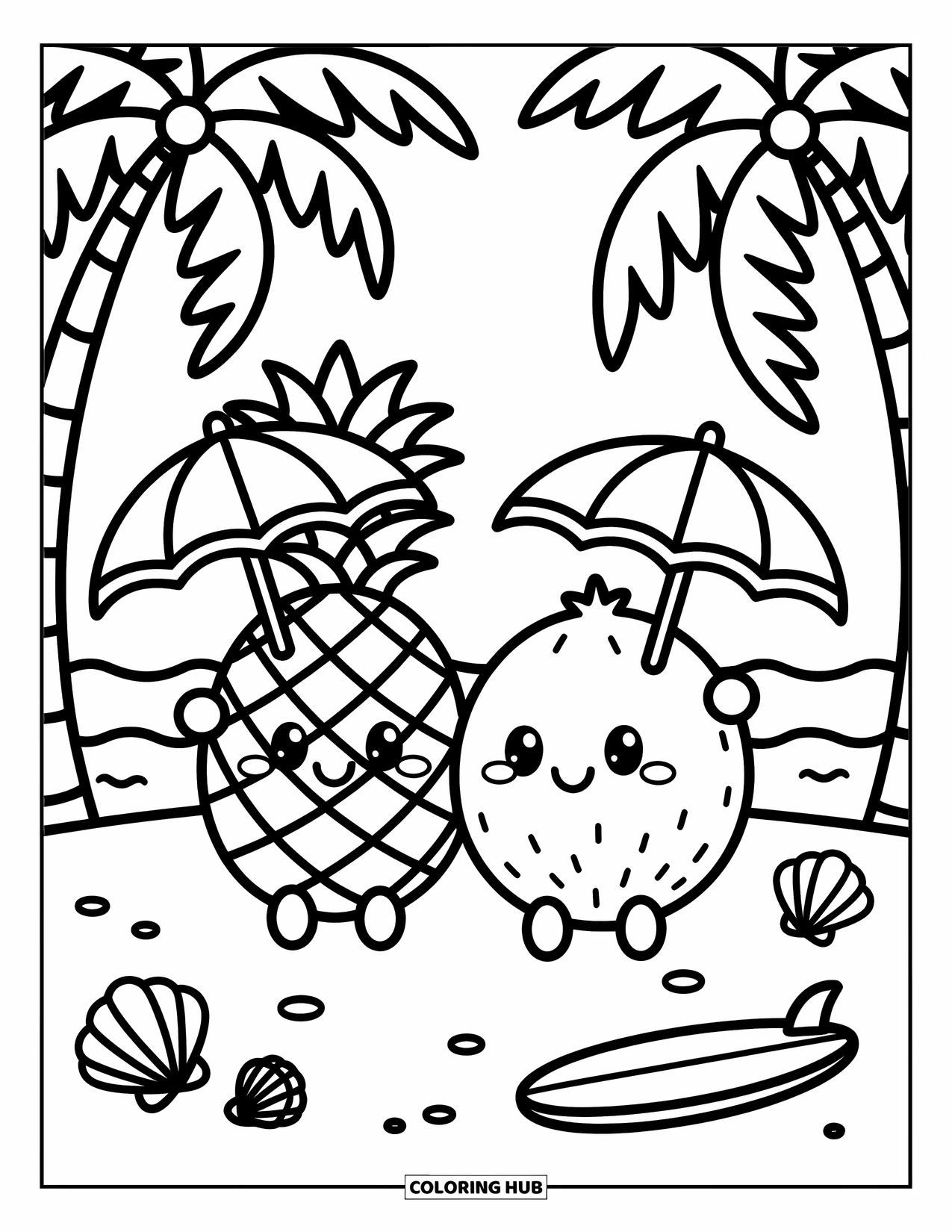 Hawaiian Coloring Page for Adults: A pineapple and coconut enjoying a beach picnic with umbrellas