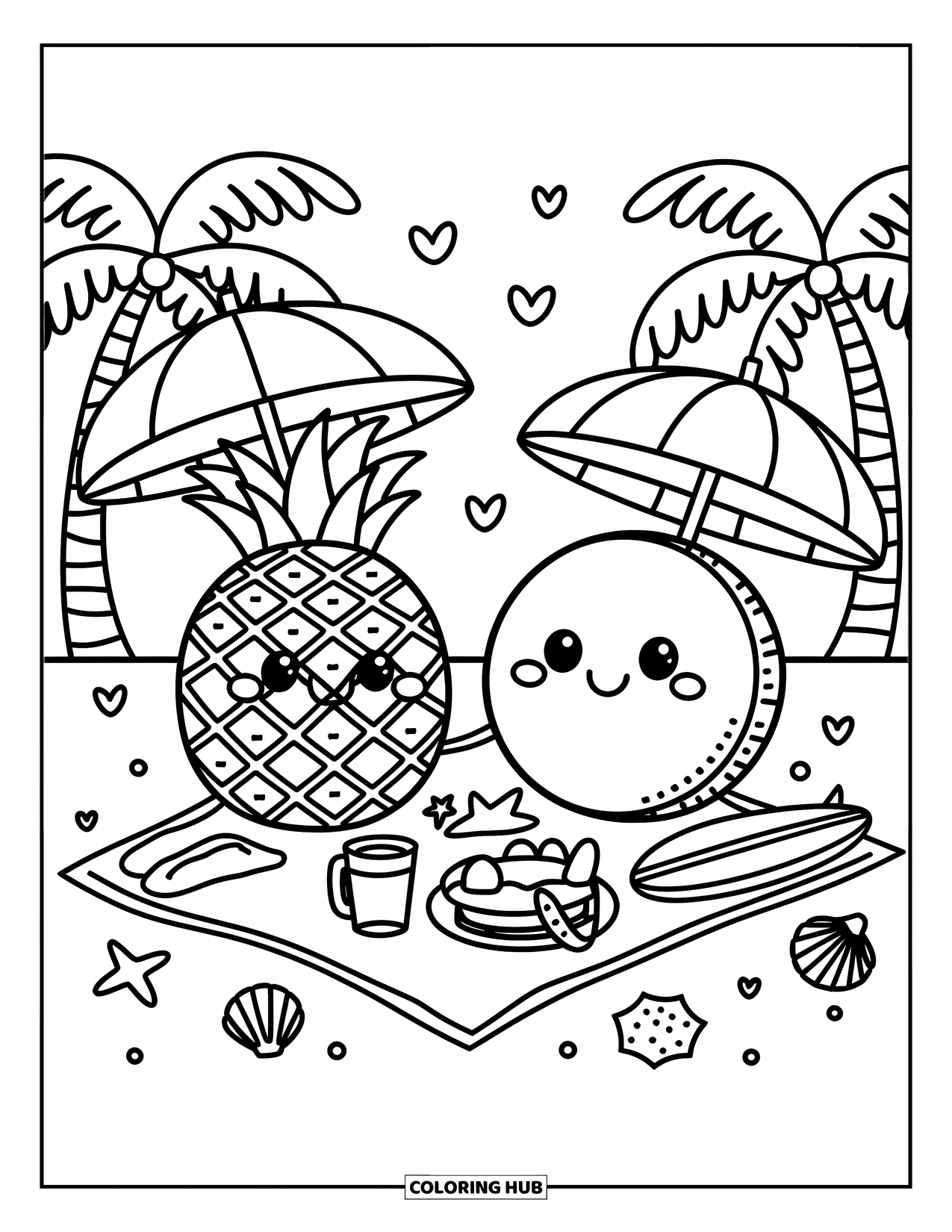 Hawaiian Coloring Page for Adults: A pineapple and coconut with umbrellas having a beach picnic