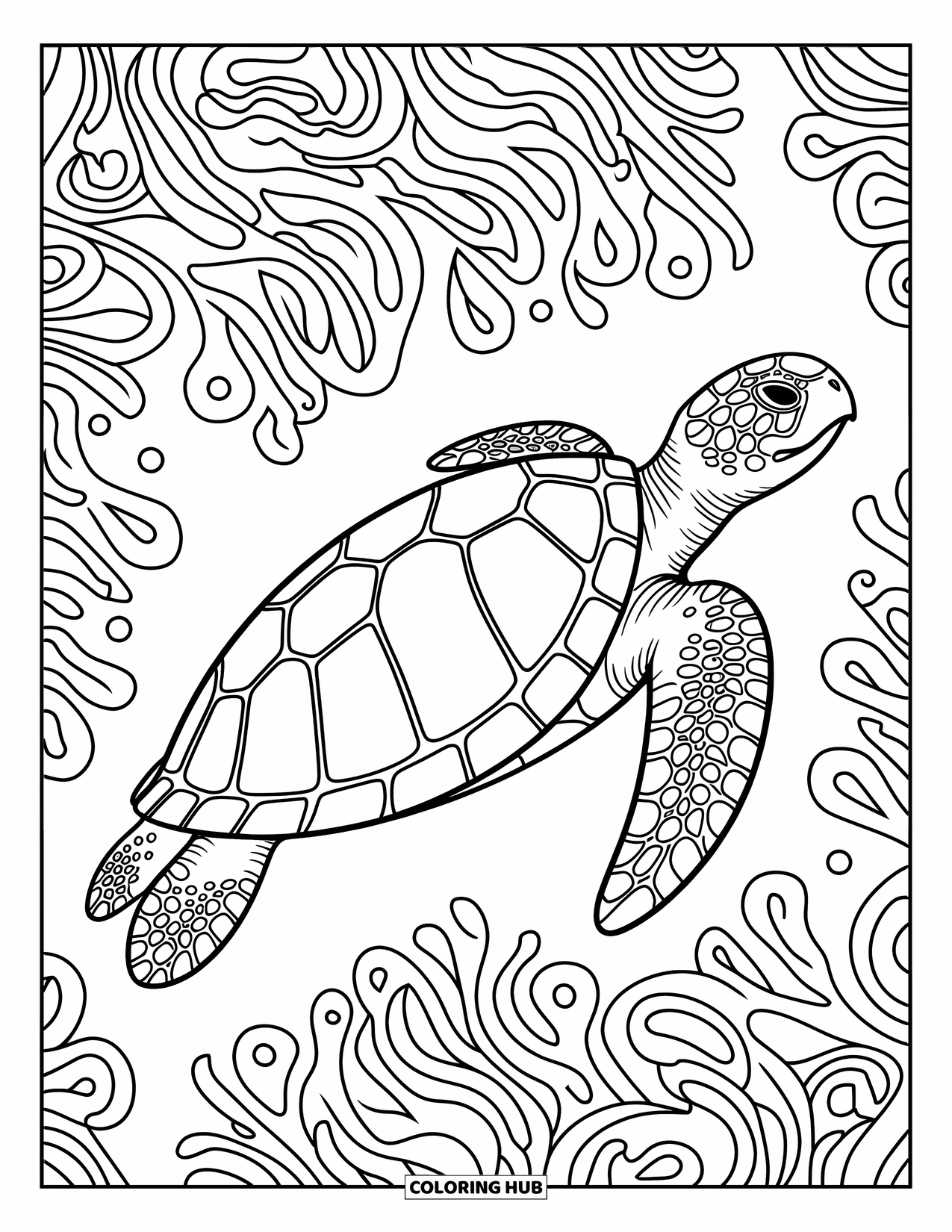Hawaiian Coloring Page for Adults: A sea turtle gliding among coral with intricate patterns