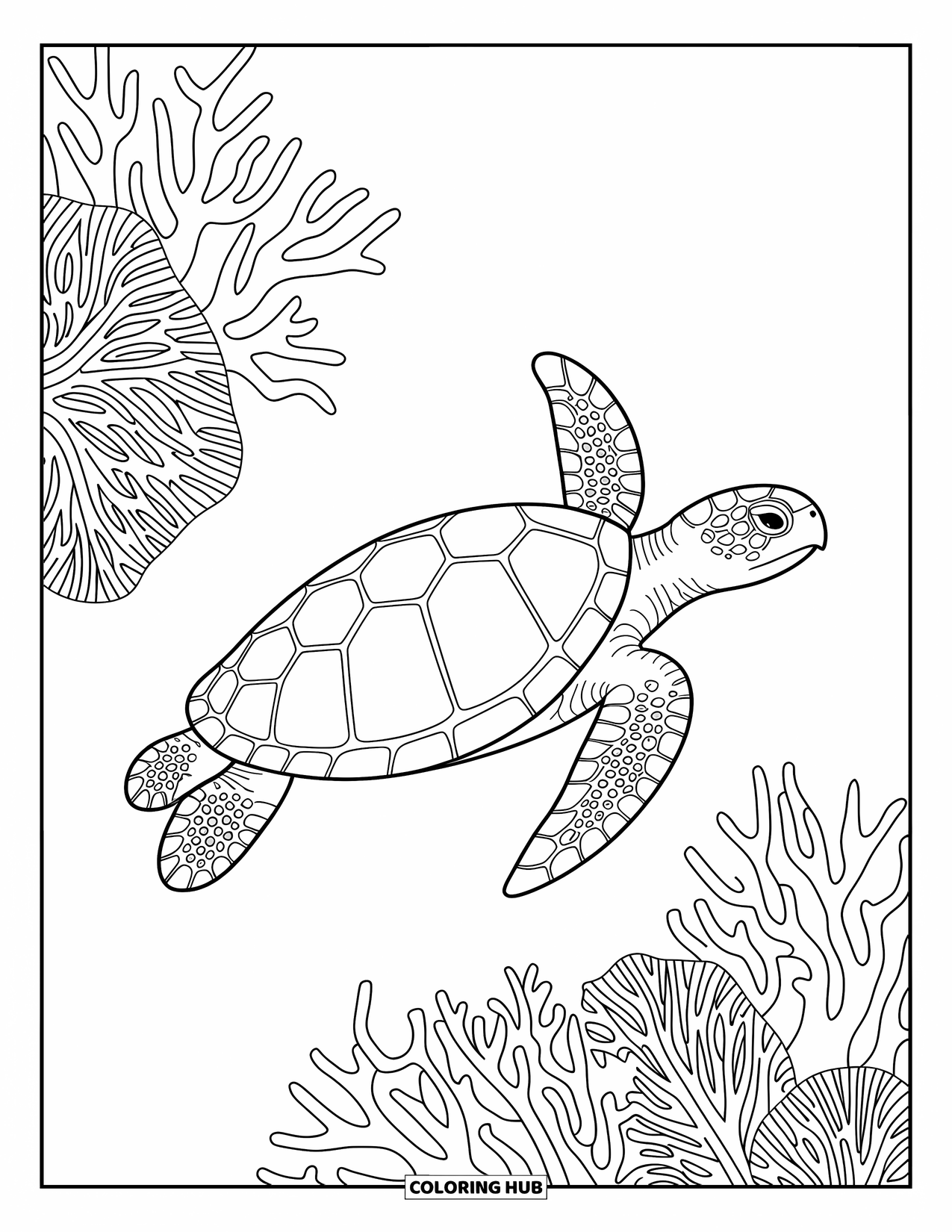 Hawaiian Coloring Page for Adults: A sea turtle swimming through detailed coral and ocean patterns