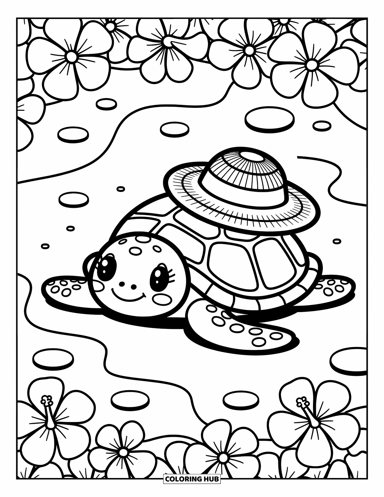 Hawaiian Coloring Page for Adults: A sea turtle wearing a straw hat among hibiscus flowers